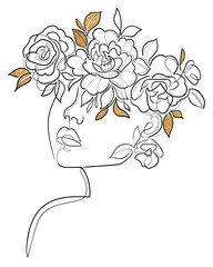 Wall Mural - One line drawing woman face with flowers and leaves on her head. Minimalist art, elegant female portrait. Vector illustration