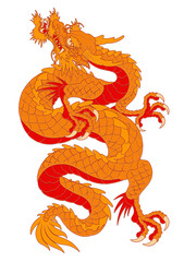 Wall Mural - Oriental dragon color illustration Chinese Japanese Korean style Ascending Orange Red Color Complex Twisting