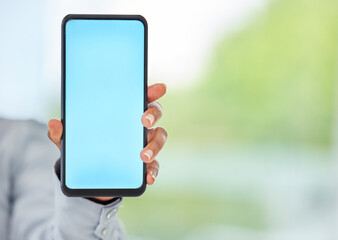 Aufkleber - Mockup phone, blank space and blue mobile screen in a hand of a business woman for advertising or marketing. 5g network and wireless technology for a brand logo, internet app or contact us website