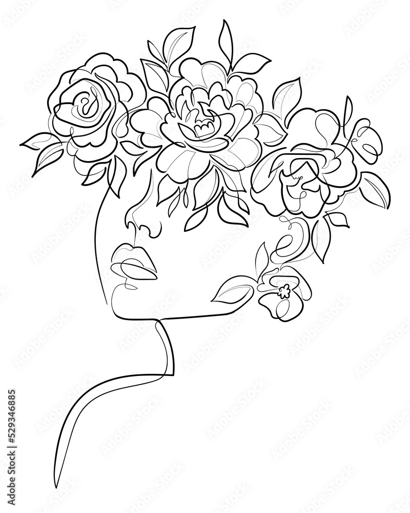 One line drawing woman face with flowers and leaves on her head ...