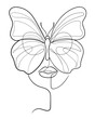 One line drawing woman face with butterfly covering her eyes. Minimalist art, elegant female portrait. Continuous line vector illustration