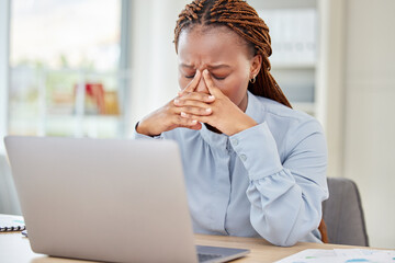 Sticker - Black woman, headache and working at desk with pain and tension in head with glitch mistake on pc. Corporate girl with stress, fatigue and frustrated feelings after receiving bad news.