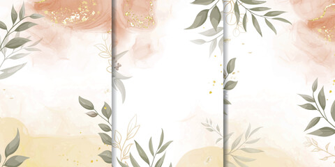 Wall Mural - Set of Elegant Wedding Invitation Design with Watercolor and Greenery Leaves