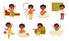 Set of daily cute african black boy vector illustration. Boy wake up, brushing teeth, breakfast, learning at school, taking a bath, sleep. Daily routine. Schedule. Isolated on a white background