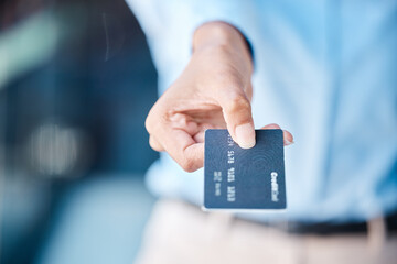 Canvas Print - Credit card, shopping and macro hands of customer doing payment with a blur background. Money charge and transaction for commerce purchase with banking account in exchange for a product.