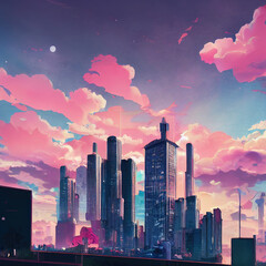 Wall Mural - anime style city with pink clouds. High quality 3d illustration