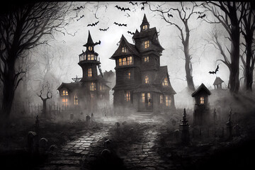 Wall Mural - dark halloween castle with flying bats in foggy town. High quality 3d illustration