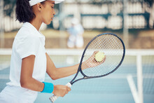 Tennis, Racket And Serve With Woman Athlete Training On Game Court For Fitness, Workout And Health. Motivation, Competition And Match With Young Female Playing Sports Exercise For Active Lifestyle