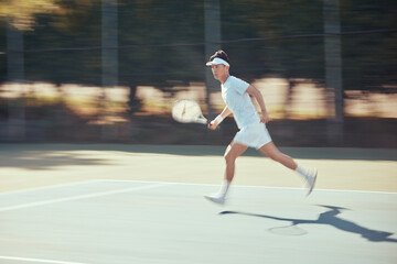 Canvas Print - Running, tennis and action with athlete playing on game court for fitness, training and sports workout. Exercise, motivation and young active tennis player in competition match for health and sport