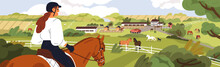 Horse Farm Outdoors Landscape. Equine Field, Ranch Scenery Panorama With Stallions, Stalls, Stables, Grass Pasture In Nature. Equestrian Rider And Stud Panoramic View. Flat Vector Illustration