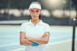 Tennis, game and motivation focus woman on a sport court in a exercise and fitness game. Portrait of a training sports athlete person from Spain determined for workout success and competitive win