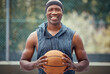 © David L/peopleimages.com - Basketball, black man and smile portrait on court ready for a sports match game outside. African athlete excited to play a friendly tournament for fitness exercise and an active lifestyle.