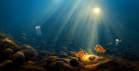 Wall Mural - Clownfish hatching egg at the bottom of sea. Clownfish protect egg from hatching. 3D rendering image.