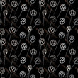 Seamless pattern of metal circles with letter R inside mounted on sticks in human hands. Based on 3d rendering on black