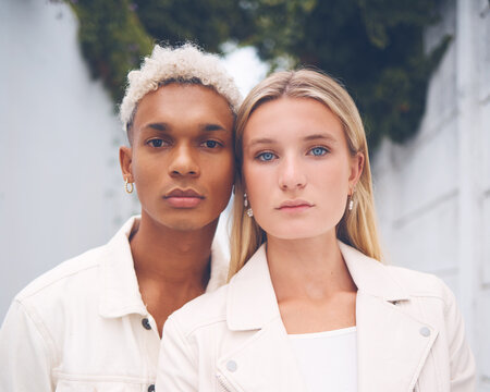 Model designer, love and diversity couple portrait of couple or friends in street style or spring clothing at work. Partnership, influencer and design with beauty, creative and stylish man and woman