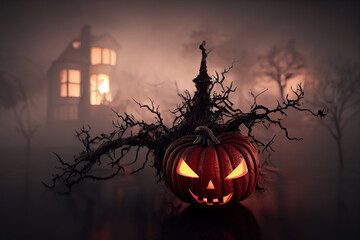 Wall Mural - Halloween evil pumpkin in dark night. High quality 3d illustration