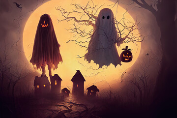 Sticker - two scary ghosts in halloween night. High quality 3d illustration