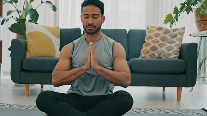 Canvas Print - Wellness, yoga and meditation man on the floor in meditating training, practice or zen apartment. Calm young fitness guy meditate in living room on mat for healthy, spiritual and self care lifestyle