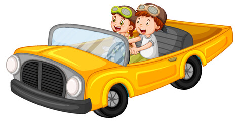 Sticker - Kids in vintage car in cartoon design