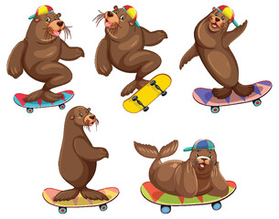 Wall Mural - set of different sea lions cartoon characters