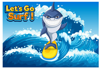 Wall Mural - Cute shark surfing cartoon ocean scene