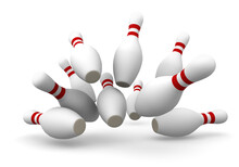 Ten Bowling Skittles Pins Crashing,  3D Illustration