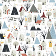 Seamless pattern with Cute Little Houses, Snowing Mountains and Trees