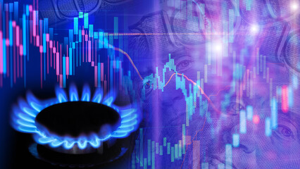 Wall Mural - Natural gas cost growth concept with gas burners and stock charts