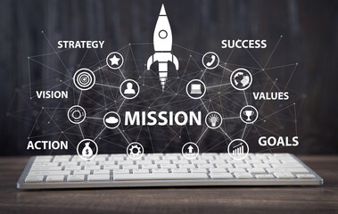 Sticker - Concept of Mission with a network and business symbols.