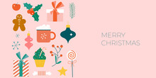 Christmas Cute Banner On A Pink Background. Flat Modern Cute Gifts, Baubles And Sweets. Perfect For New Year Letter, Invitation, Flyer Template.
