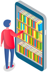 Wall Mural - man chooses book in digital online library or bookstore in smartphone app. distance education with m