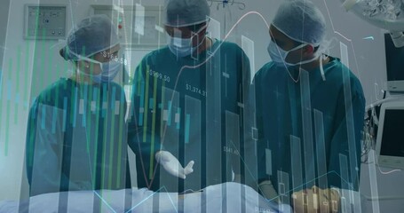 Wall Mural - Animation of statistical data processing over team of surgeons performing operation at hospital