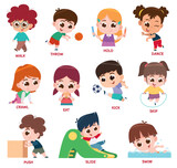 Fototapeta Dinusie - Vector Illustration of Verbs Expressing Actions Set.Cartoon kids character. Kids Doing Activities