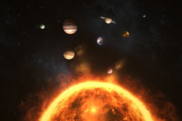 Wall Mural - digitally generated image of planets over sun