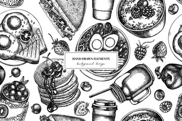 Wall Mural - Breakfast seamless pattern background design. Engraved style. Hand drawn sandwich, pancakes, bowl with avocado, porridge with berries, chia pudding, fried eggs, raspberry, blueberry, strawberry