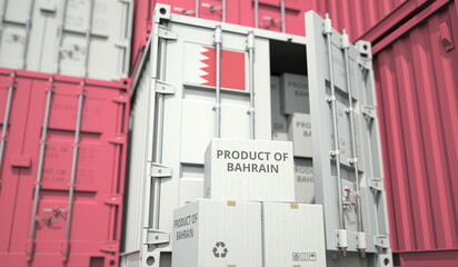 Wall Mural - Boxes with goods from Bahrain and cargo containers. National economy related conceptual 3D rendering