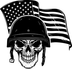 Wall Mural - Skull in army helmet on usa flag background. Soldier skull. Design element for poster, card, banner, sign. Vector illustration