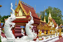 Beautiful White Serpents Are In The Temple. Temple In Thailand. White Naka.