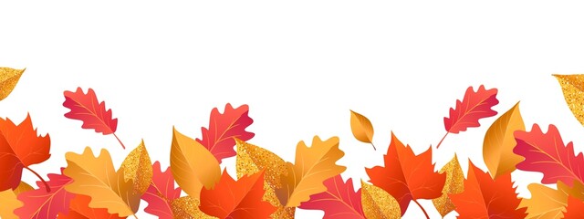 Autumn seasonal background with long horizontal border made of falling autumn golden, red and orange colored leaves isolated on transparent background. Hello autumn png illustration