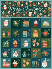 Wall Mural - December advent calendar. Cute Christmas illusstrations with new year symbols. Vector design.