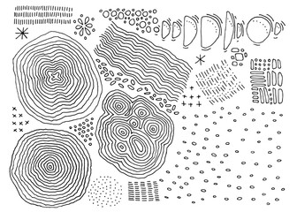 Vector set of thin line hand drawn textures. Lines, concentric circles, smears, waves, stars, dots, organic shapes. Hand drawn elements for your graphic design