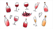 A Set Of Vector Illustrations With Bottles And Glasses Of Red And White Wine, Watercolor Splashes Of Wine.