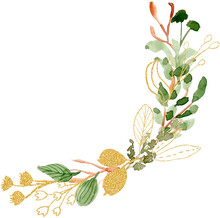 Green And Gold Leaves Watercolor Arrangement