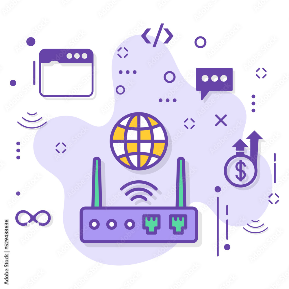 Intelligent Hub with Antenna Stock illustration, 5g Wifi IOT Access point Vector Icon Design, Cloud computing and hosting company Symbol, Lan Smart Network Switch Concept, 