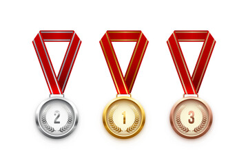 Wall Mural - golden, silver and bronze medals hanging on red ribbons isolated on white background. vector sports 