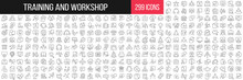 Training And Workshop Linear Icons Collection. Big Set Of 299 Thin Line Icons In Black. Vector Illustration