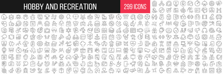 hobby and recreation linear icons collection. big set of 299 thin line icons in black. vector illust