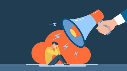 Conflict and troubles in communication concept. Bullying, harassment at work, families. Angry man character with megaphone screaming at sitting stressful frightened man. Business illustration