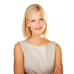 Face portrait of a woman in business from Germany with a confident mindset on a png, transparent and mockup or isolated background. A cute blonde girl with elegant fashion