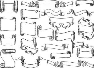 Wall Mural - a set of paper scrolls, banners, ribbons and flags design elements in an engraved or etched hand lin